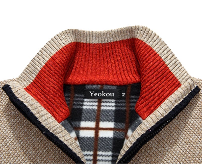Yeokou Men's Casual Slim Full Zip Thick Knitted Cardigan Sweaters with Pockets (X-Large, Khaki001) - Image 2